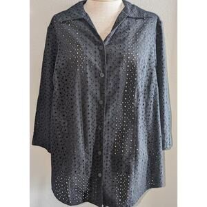 Womens Allison Daley Blouse 16W Black Cotton Blend Embroidered Eyelet Button Up